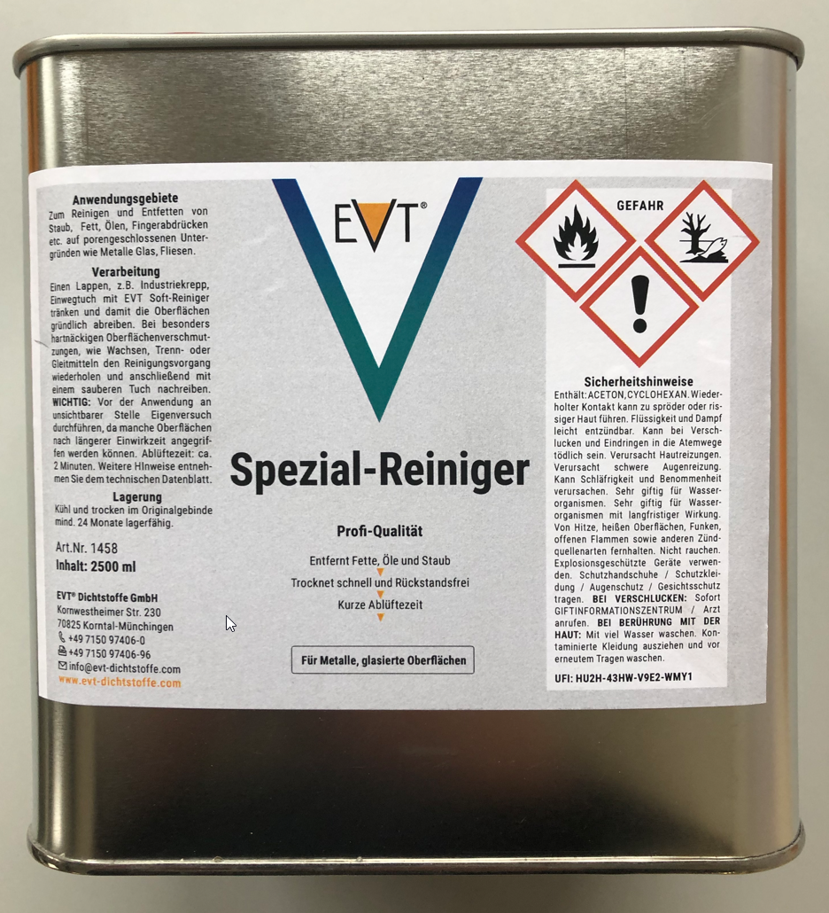 Spezial Reiniger 2,5 Liter Dose
EVT Dichtstoffe  1459
- entfernt Fette, Öle, Staub, etc.
- Für Metalle und glasierte Oberflächen (z.B.Fliesen, Glas)
