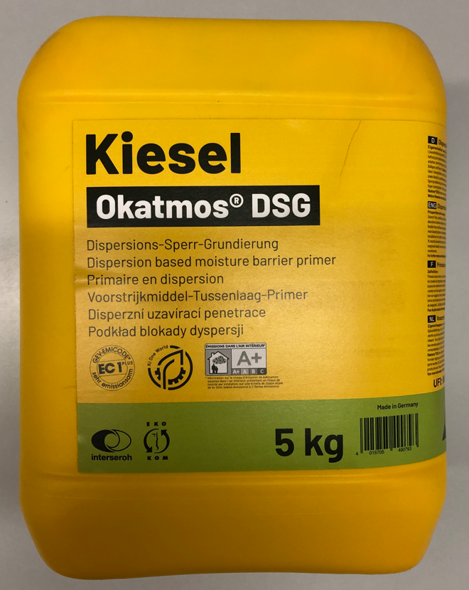 DSG Dispersions-Sperr-Grundierung 5 kg Kanister
1.Auftrag 1:1 Wasser Trocknungszeit 0,5-1 Std
2.Auftrag Pur  2 Stunden Trocknungszeit vor der Verlegung
Kiesel 49079