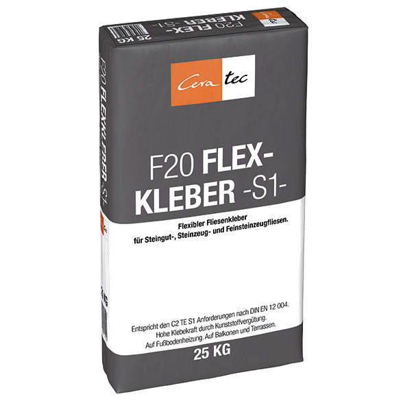 Flexkleber F20   C2 TE S1  Ceratec  25 kg  
für Innen und Außen,sowie Fußbodenheizung geeignet entspricht den Anforderungen nach.
Mit dem späteren Verfugen sollte frühestens nach 24 Stunden begonnen werden.
DIN EN 12004  25 kg Sack