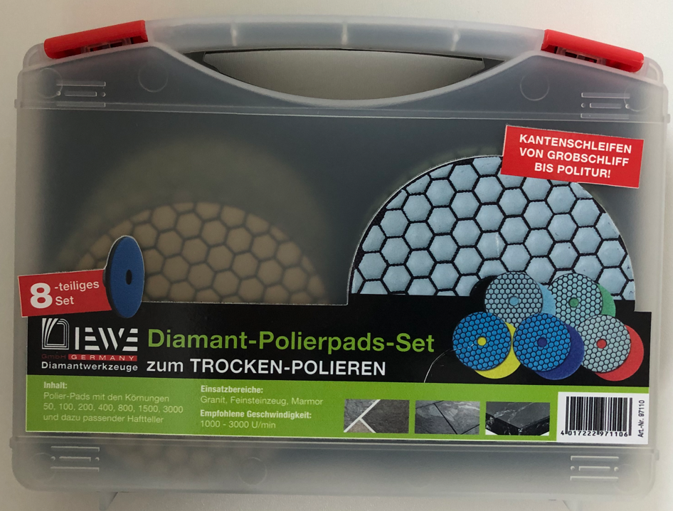 Diamant-Polierpads-Set  8 teilig und Koffer 
Polier Pads mit den Körnungen 
50,100,200,400,800,1500,3000 + Hafthalter 
Diewe 97110