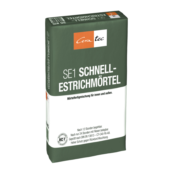 Schnellestrichmörtel SE1, Ceratec, 25 kg 
für Innen und Außen, sowie Fußbodenheizung geeignet 
nach 24 Stunden mit Fliesen belegbar 
Schichtdicke 12 - 100 mm
Verbrauch 18 - 20 kg/m² pro cm Dicke