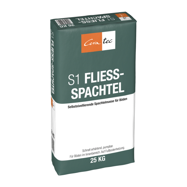 Fließspachtel S1 25 kg Sack  25 kg
Schichtdicke von 2-30 mm.
Selbstnivellierende, schnellerhärtende Ausgleichsmasse unebener Böden im Innenbereich bis  
30 mm Schichtdicke für Fußbodenheizung geeignet
Verbrauch:ca.1,7 kg Pulver/m² je mm  Ceratec