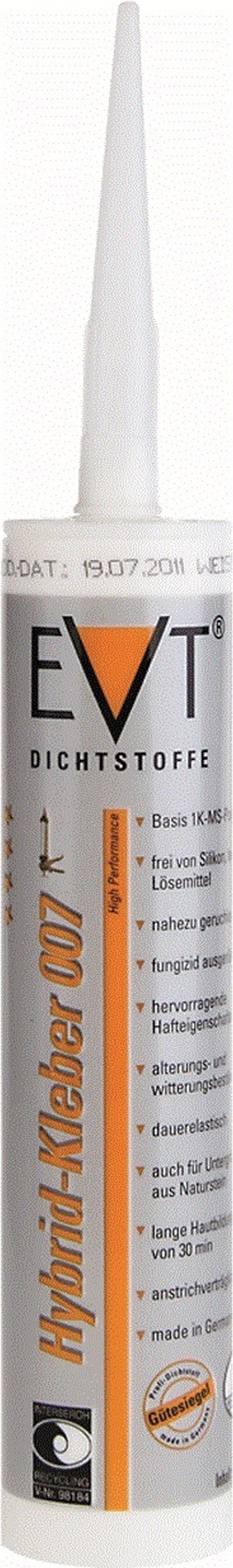 EVT Hybrid-Kleber 007 KTU 290 ml Weiß
1K MS-Polymer, frei von Silikonen und Lösemitteln
Nahezu geruchlos, hervorragende Hafteigenschaften
Alterungs- und Witterungsbeständig, dauerelastisch
für Naturstein geeignet, anstrichvertäglich
EVT Dichtstoffe 2620